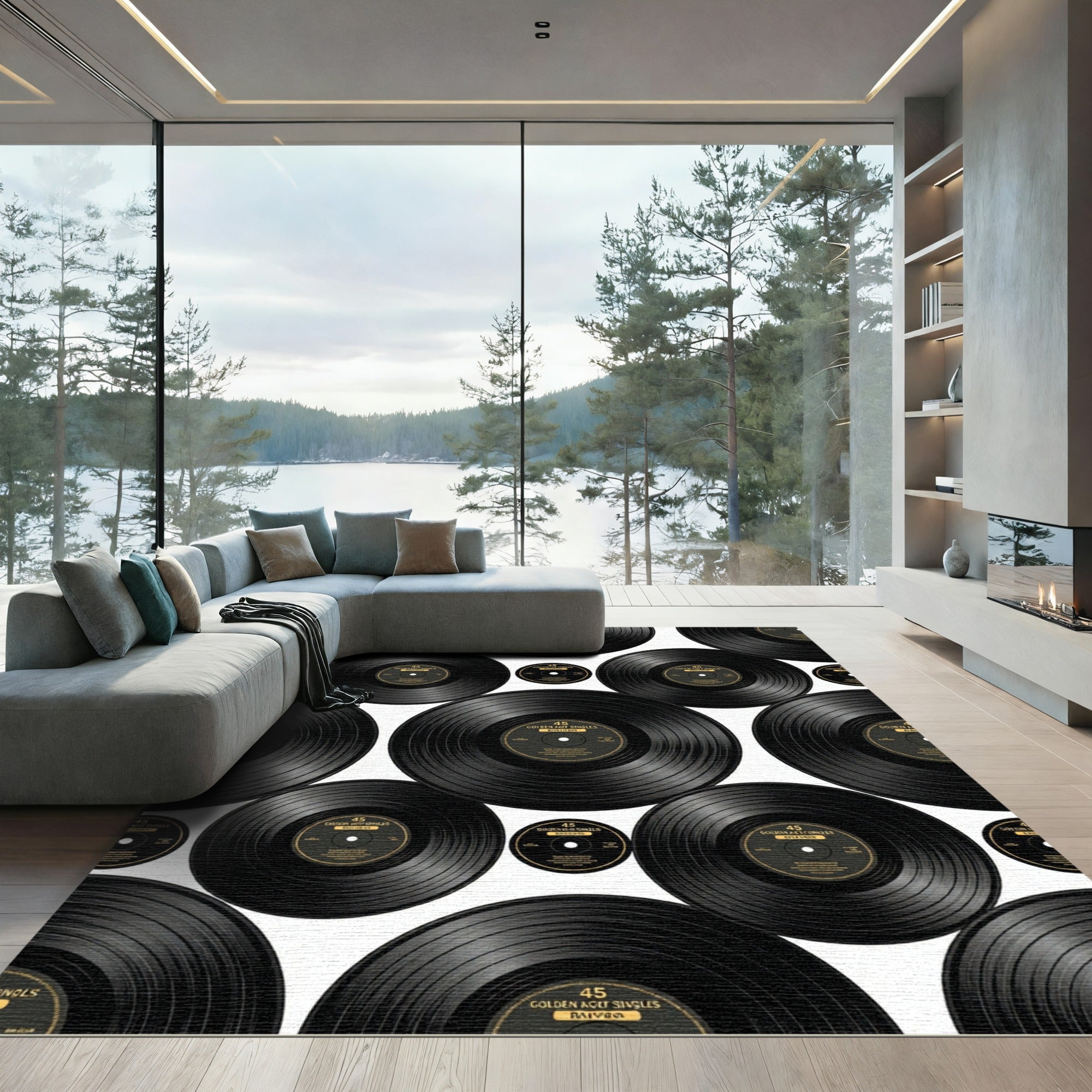 Retro Black Vinyl Record Collage Rug