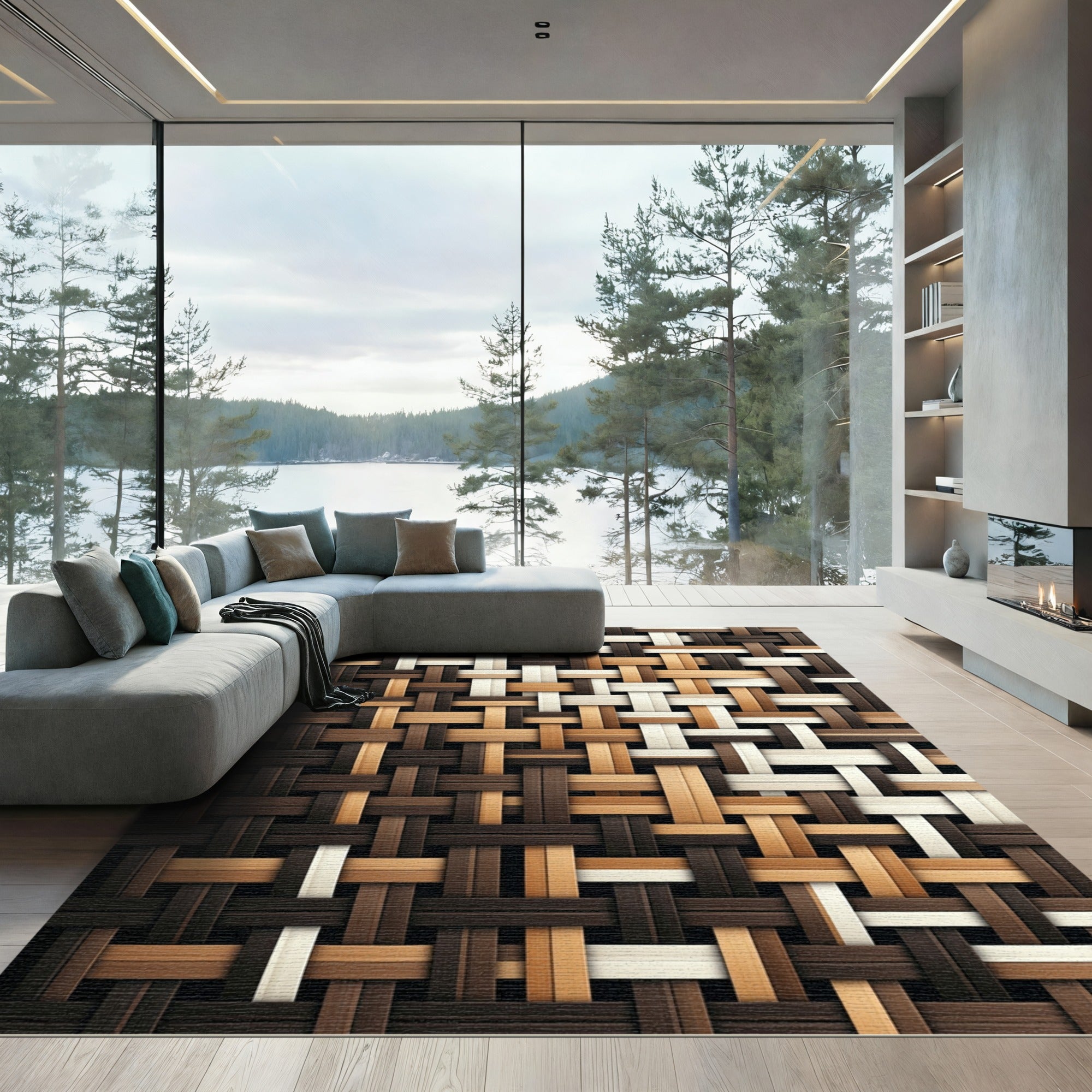 Woven Wood Tones Interlocking Geometric Rug