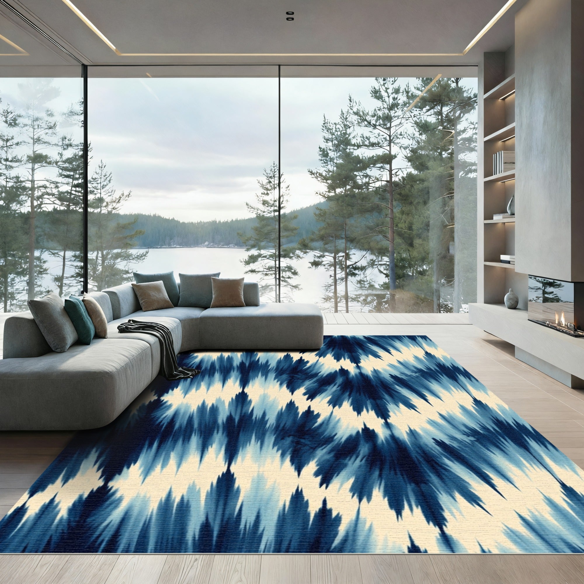 Indigo Blue Abstract Shaded Feather Rug