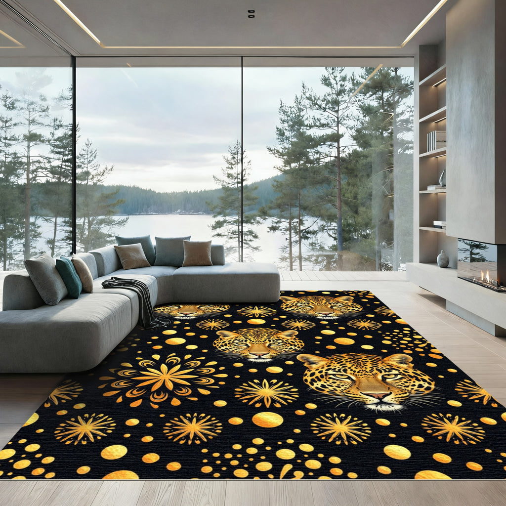 Golden Leopard Heads Fireworks Pattern Rug
