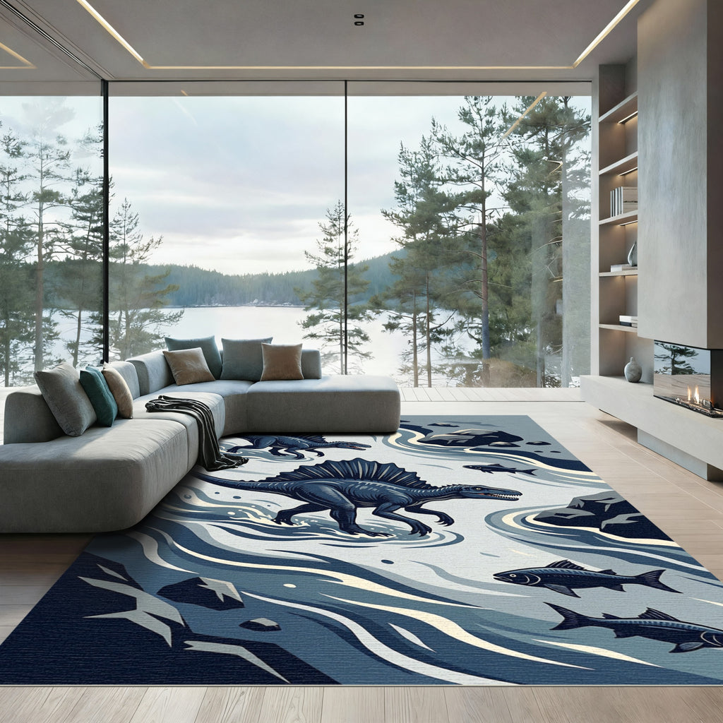 Midnight Spinosaurus River Scene Illustration Rug