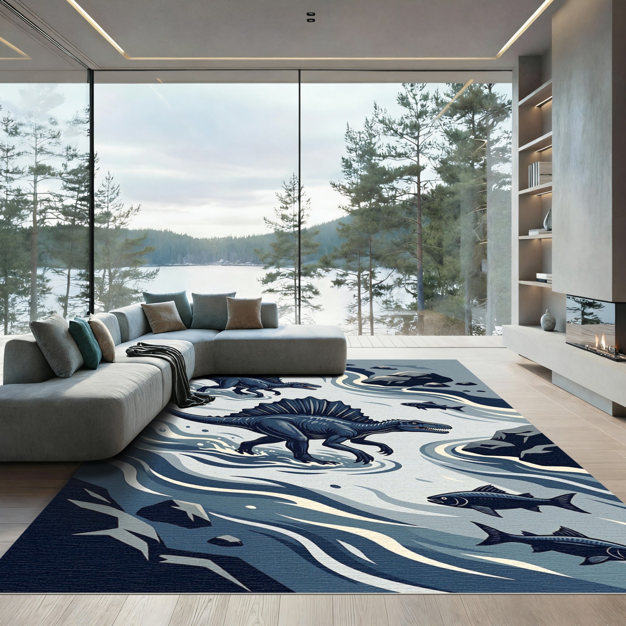 Midnight Spinosaurus River Scene Illustration Rug