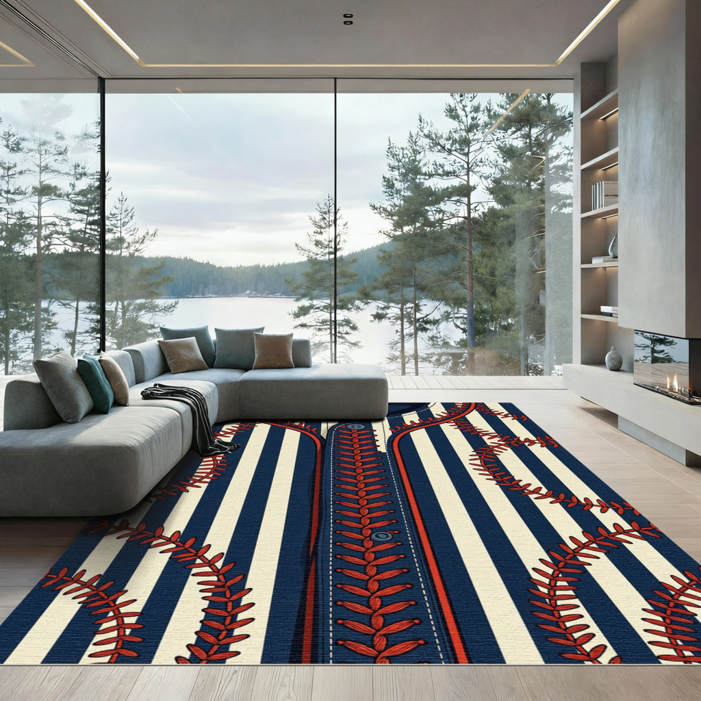 Navy Striped Baseball Stitched Area Rug