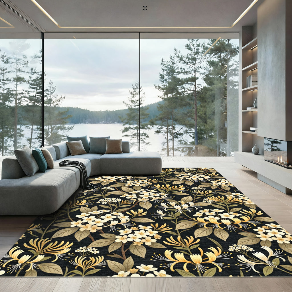 Elegance Cream Honeysuckle White Floral Black Rug