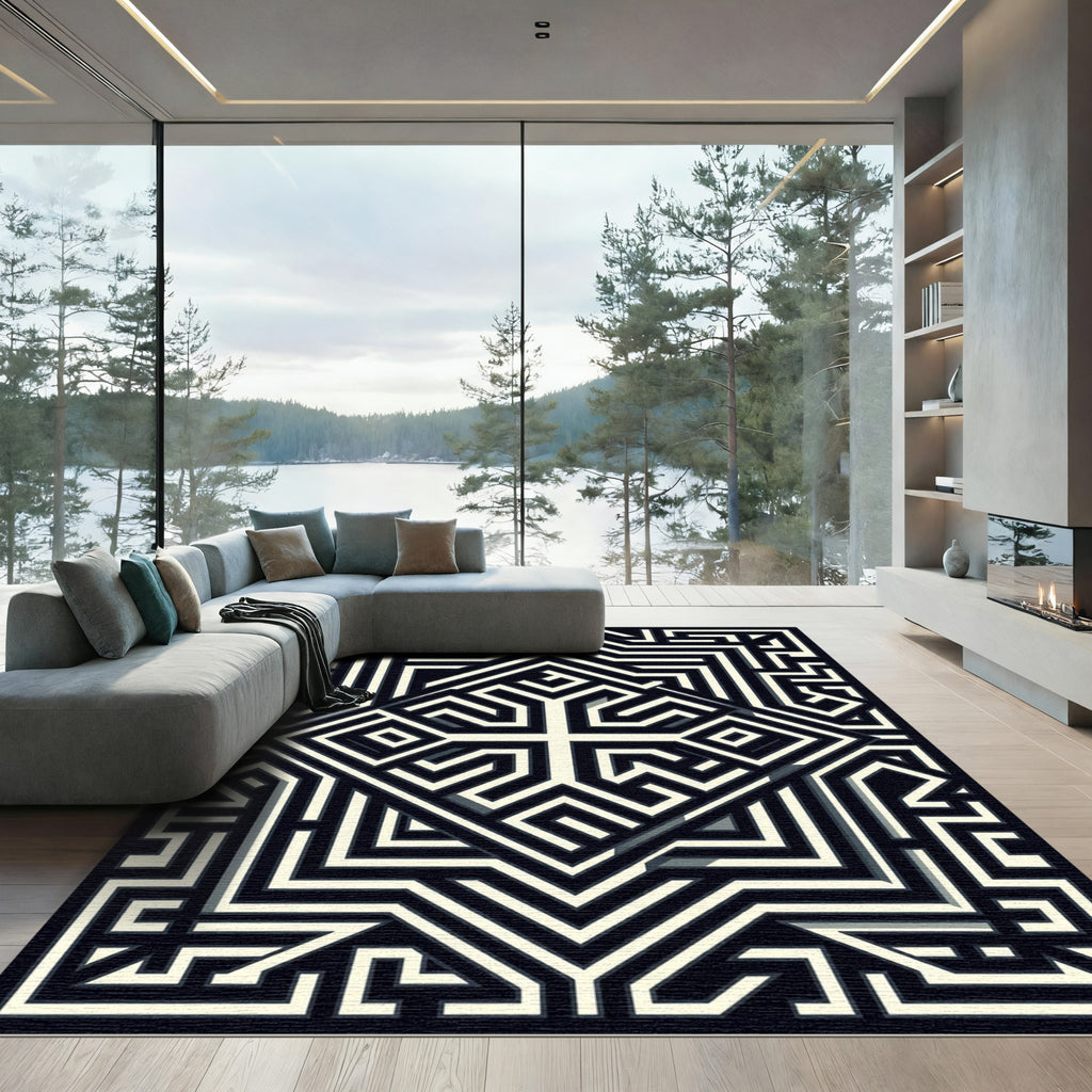Monochromatic Geometric Maze Composition Rug