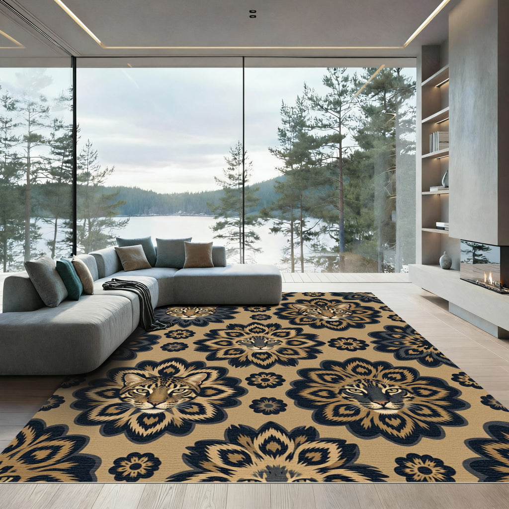 Ocelot Floral Medallion Gold Black Rug