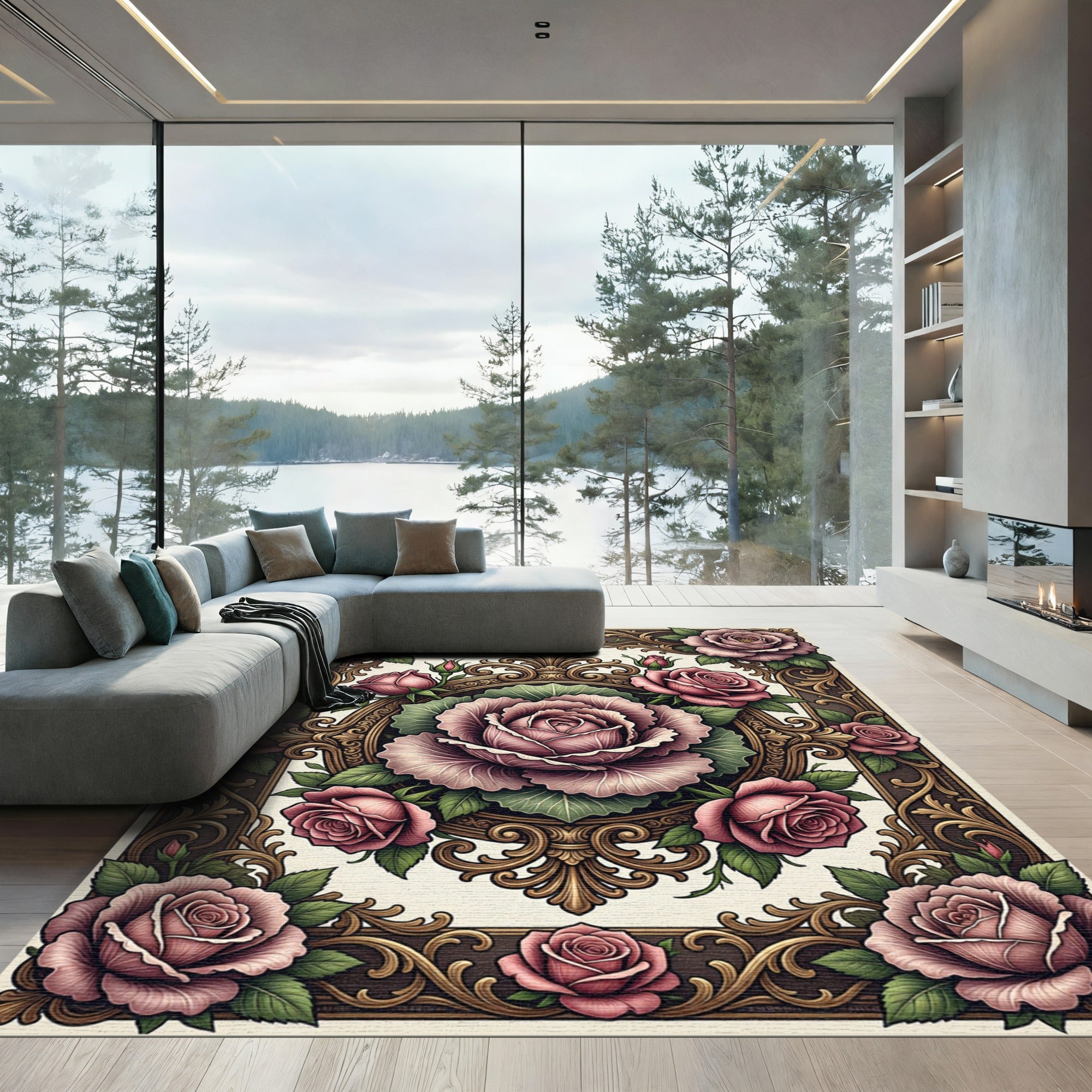 Ornate Pink Roses Floral Frame Rug