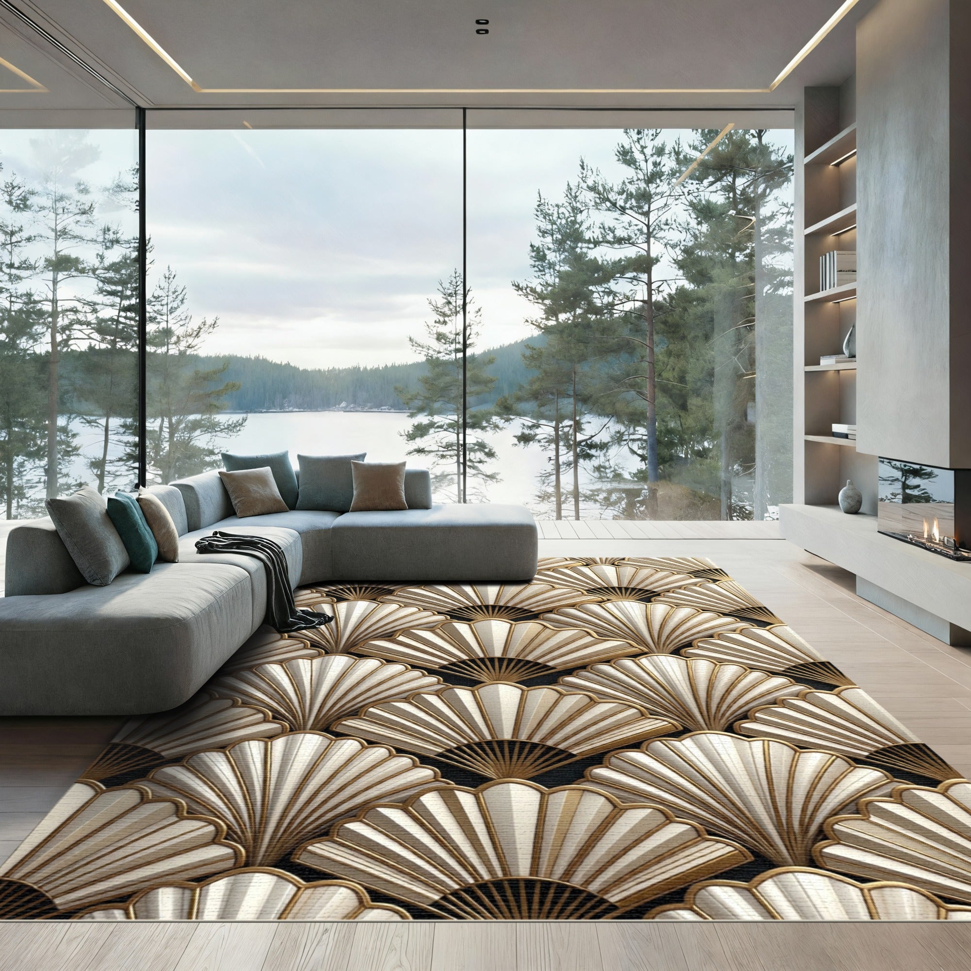 Art Deco Cream Gold Fan Arrangement Rug