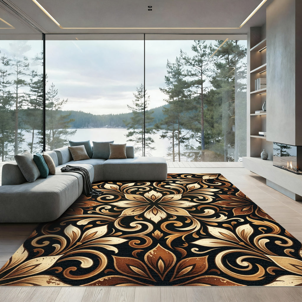 Golden Brown Floral Swirl Medallion Rug