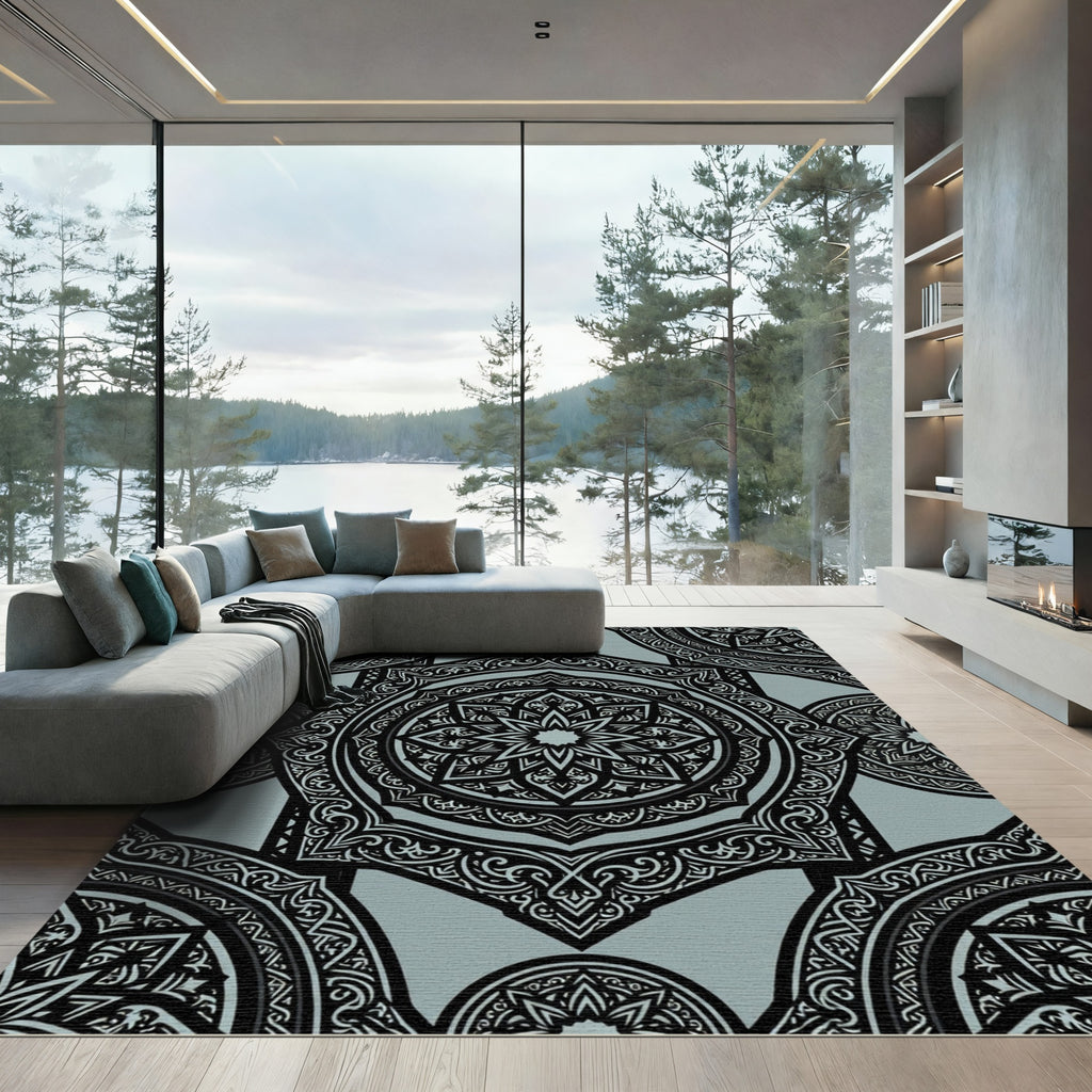 Elegant Sage Black Ornate Hexagonal Medallion Rug
