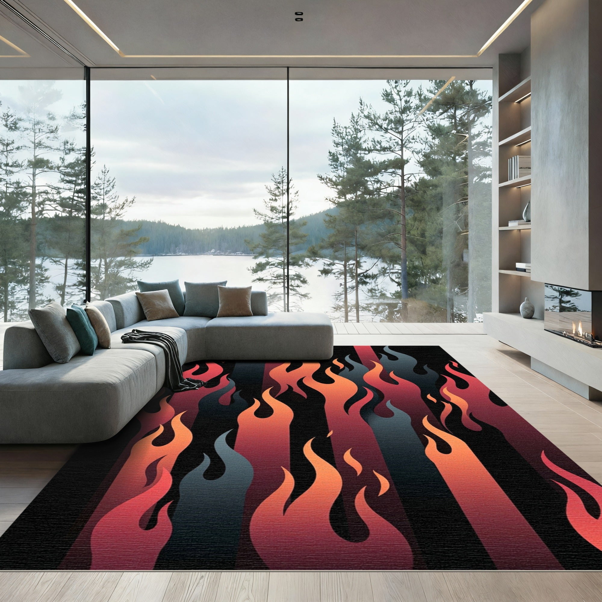 Red Orange Gray Flame Stripes Rug
