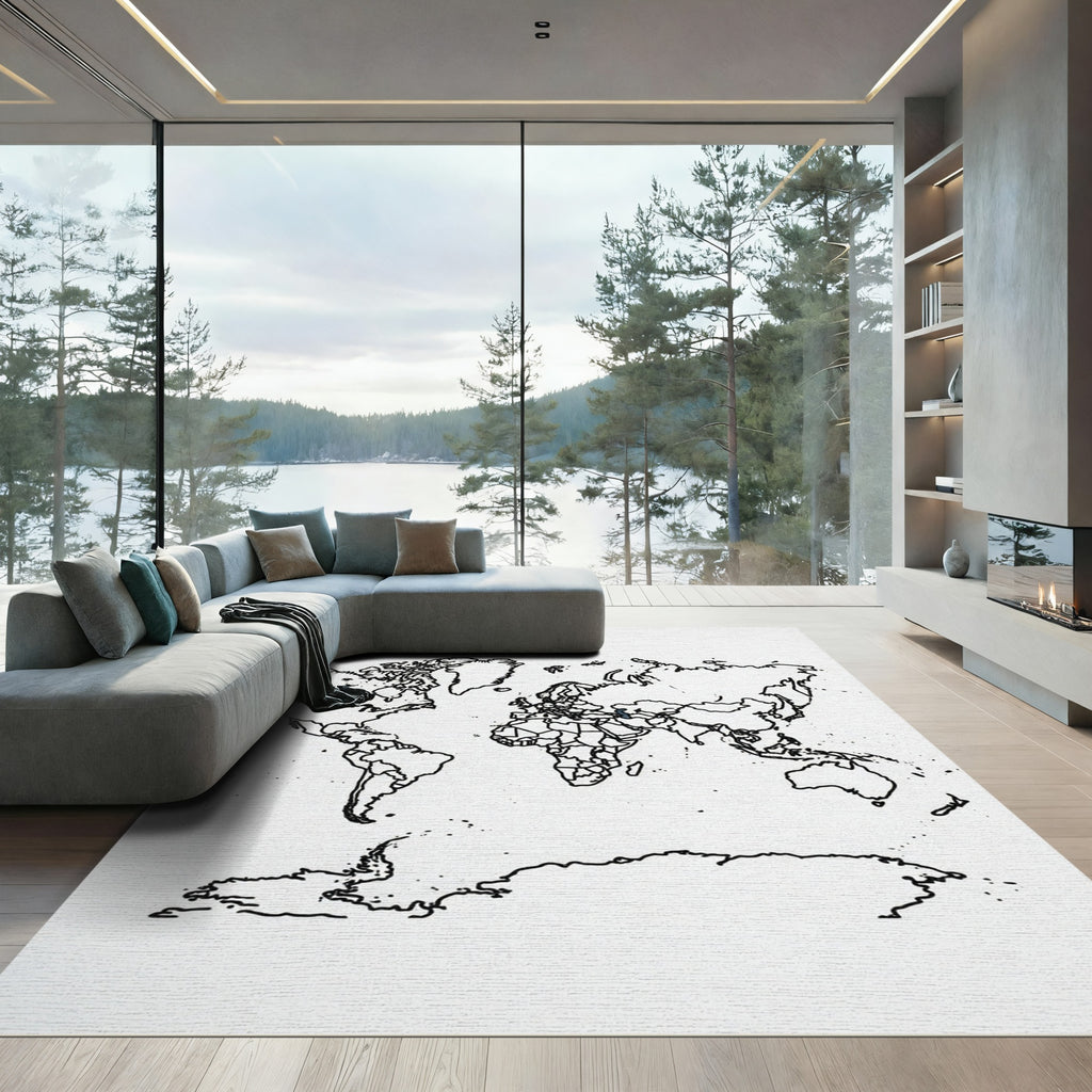 Minimalist Black Contour World Map Rug