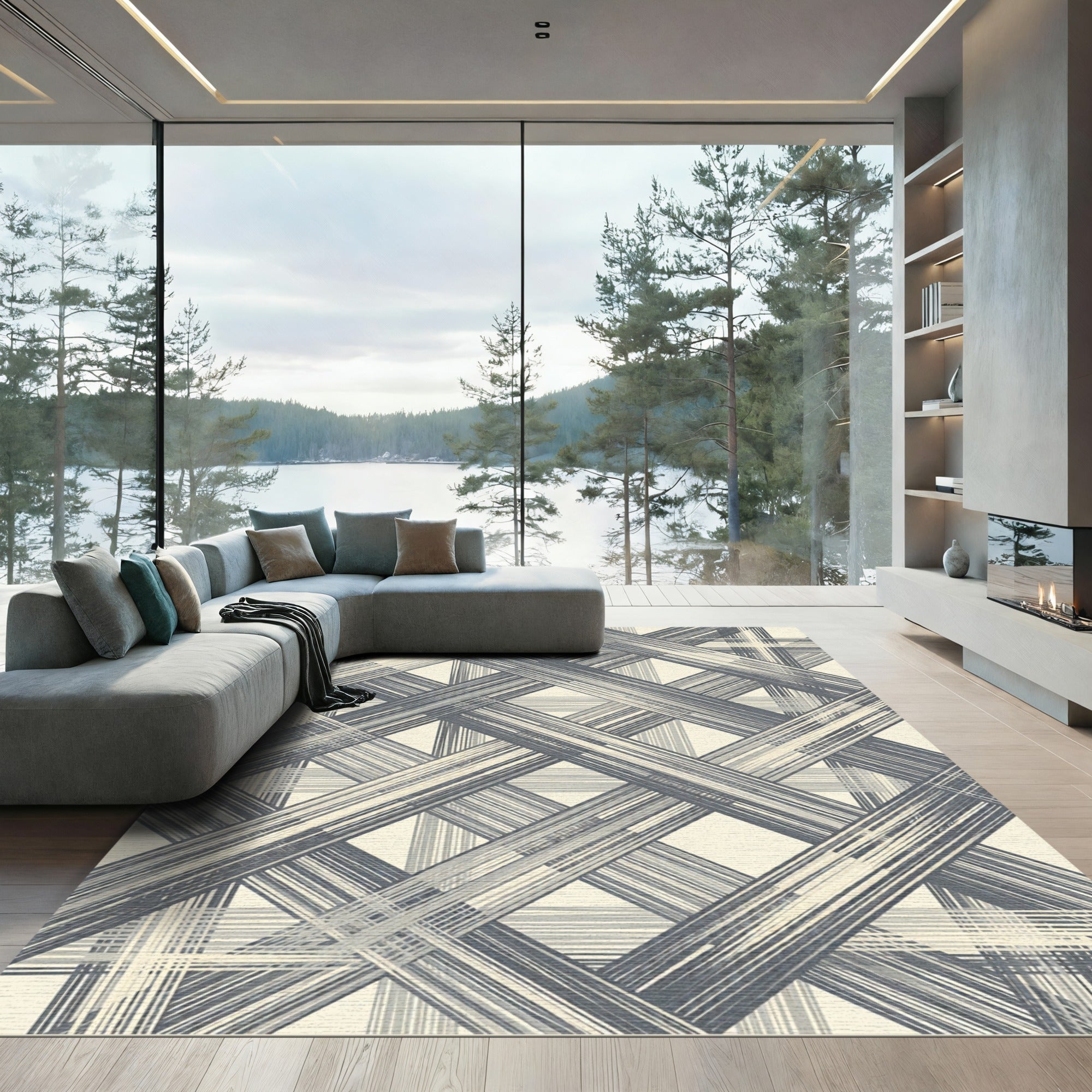 Textured Charcoal Plaid Intersecting Lines Rug