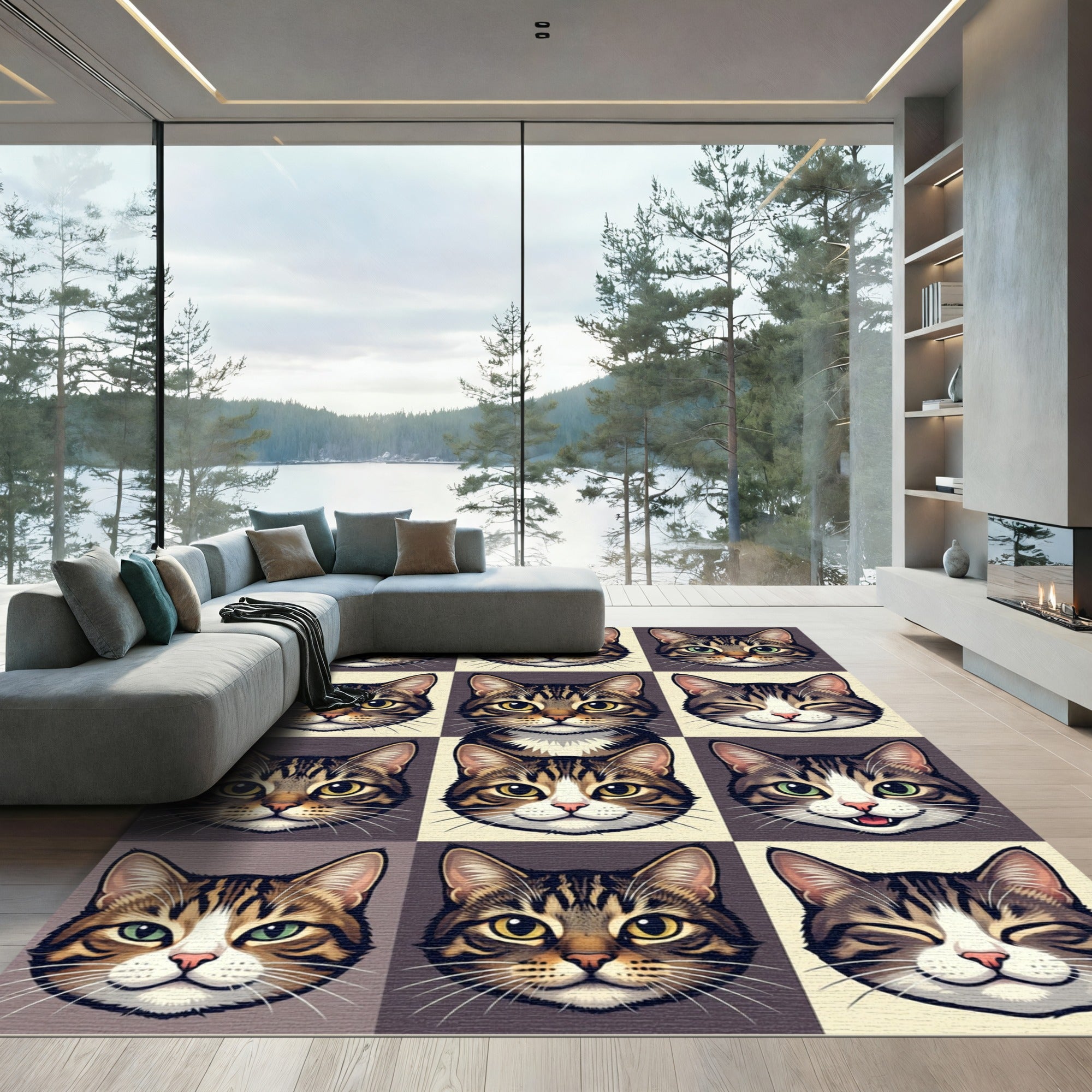 Cute Tabby Cat Grid Illustration Rug