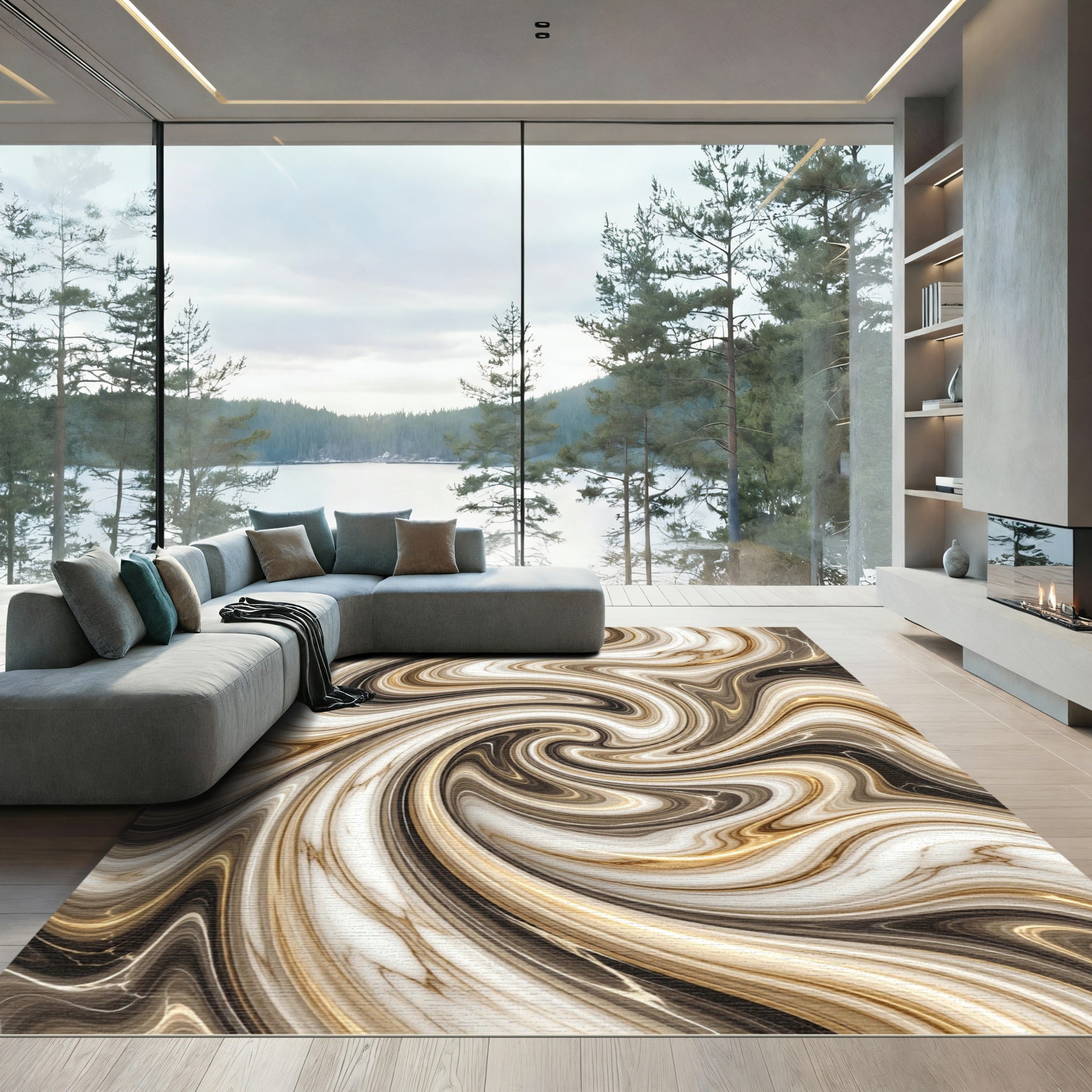 Golden Marble Swirl Inlay Rug