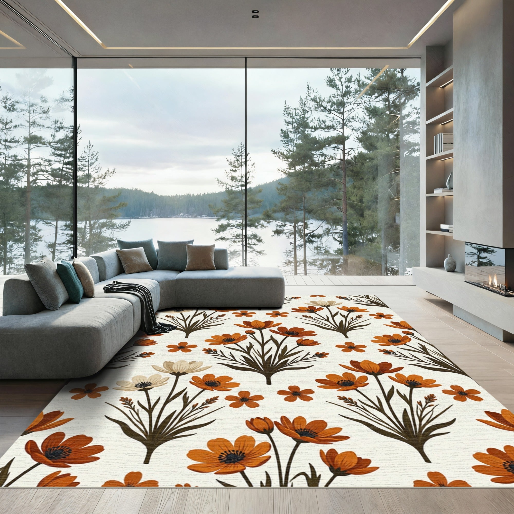 Autumnal Burnt Orange Botanical Floral Rug