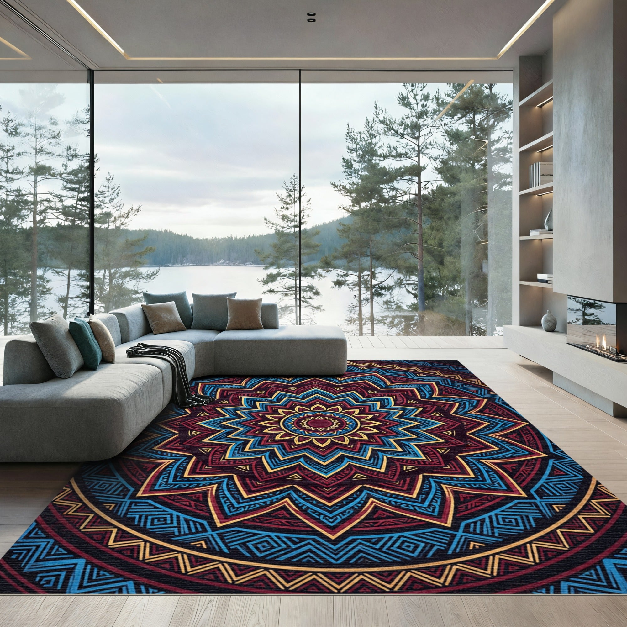 Maroon Blue Gold Sunburst Mandala Rug
