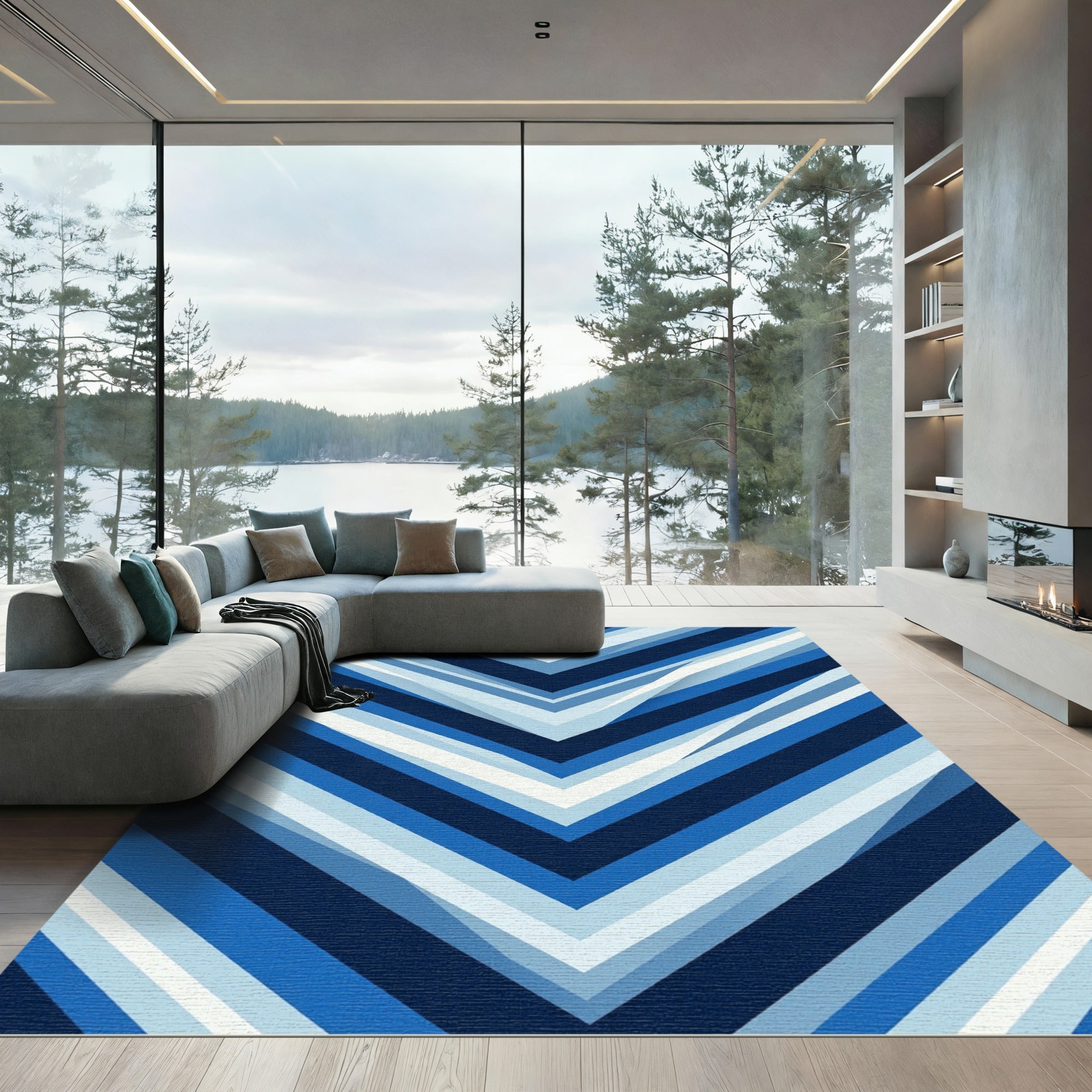 Modern Navy Blue Chevron Stripe Rug