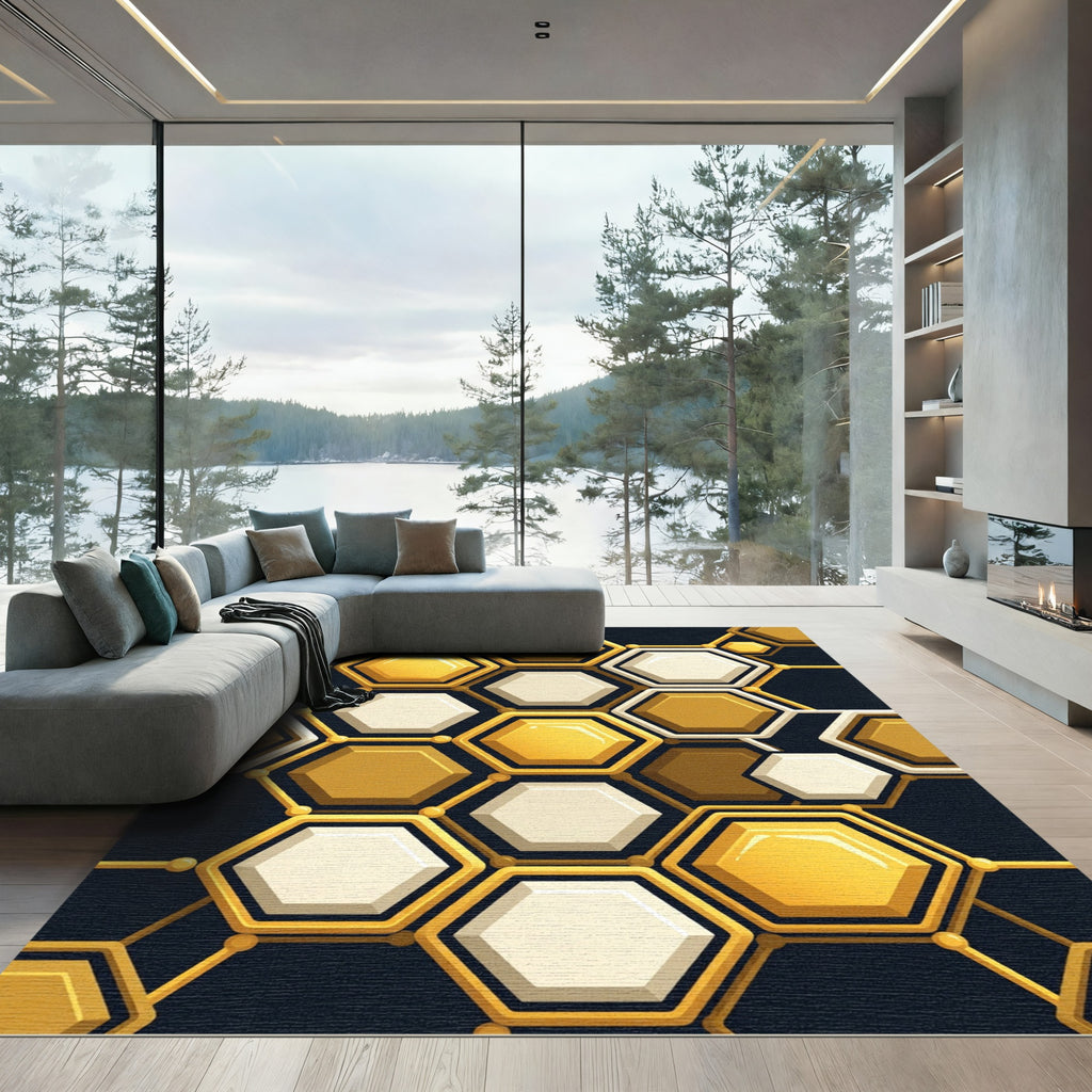 Golden Hexagonal Honeycomb Geometric Grid Rug