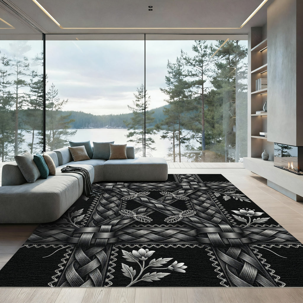 Ornate Black Silver Braided Floral Rug