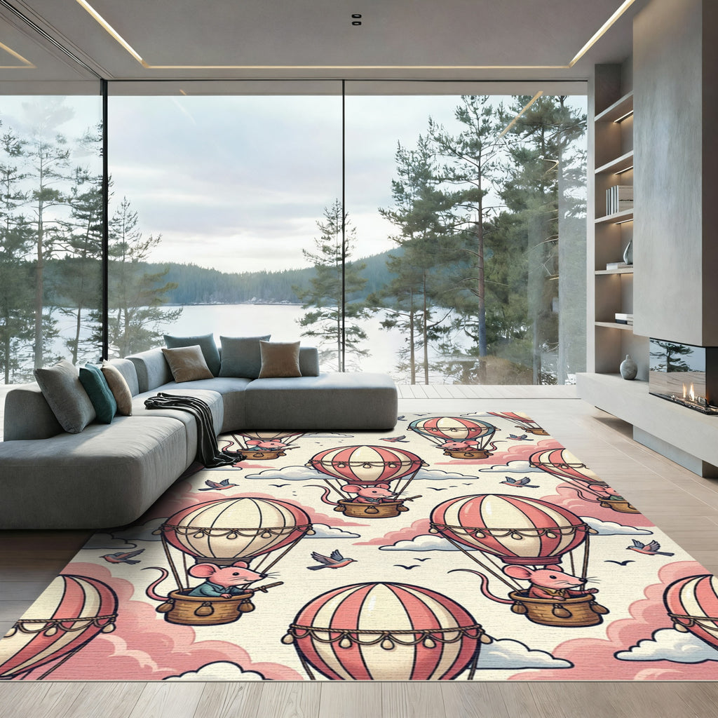 Whimsical Pink Mouse Hot Air Balloon Rug