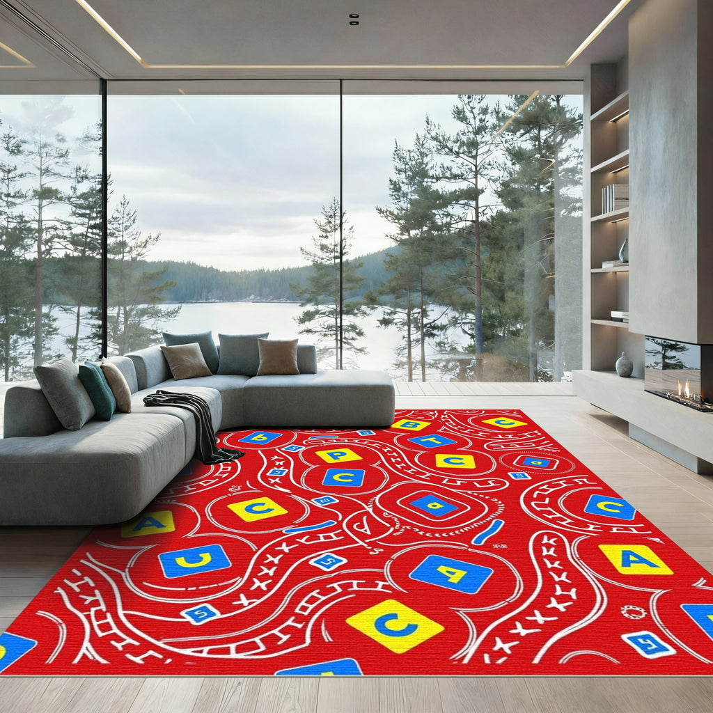 Red Alphabet Numbers Whirling Shapes Rug