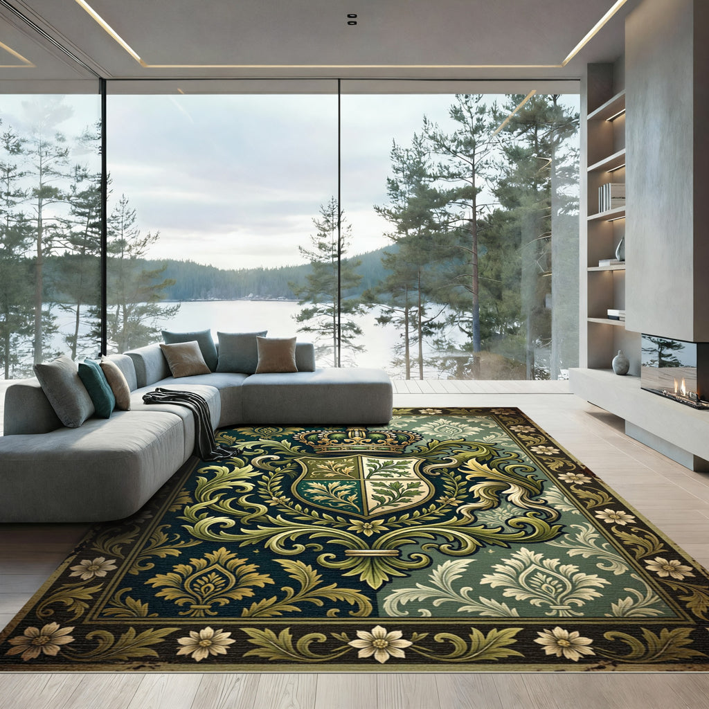 Regal Forest Green Damask Crest Rug