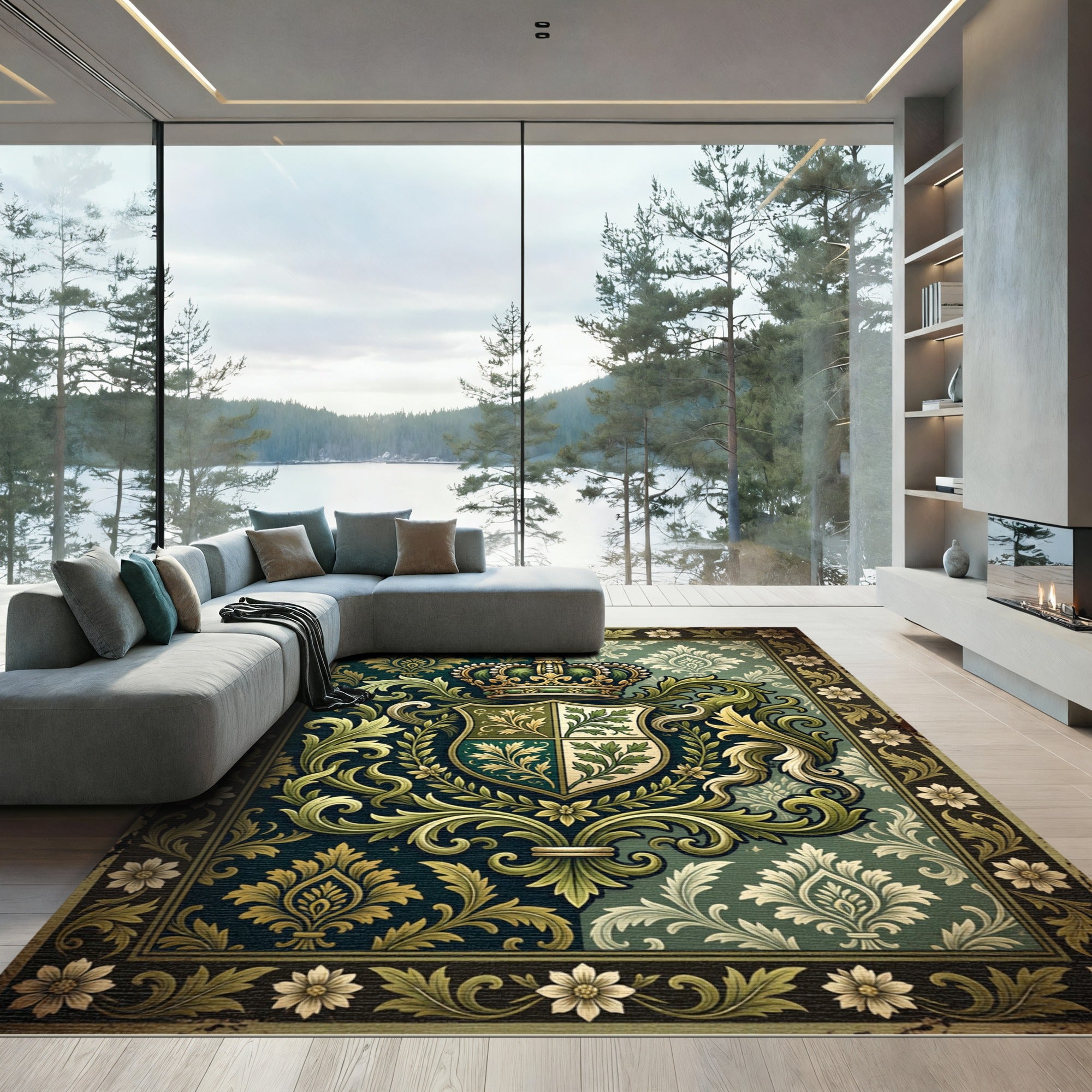 Regal Forest Green Damask Crest Rug