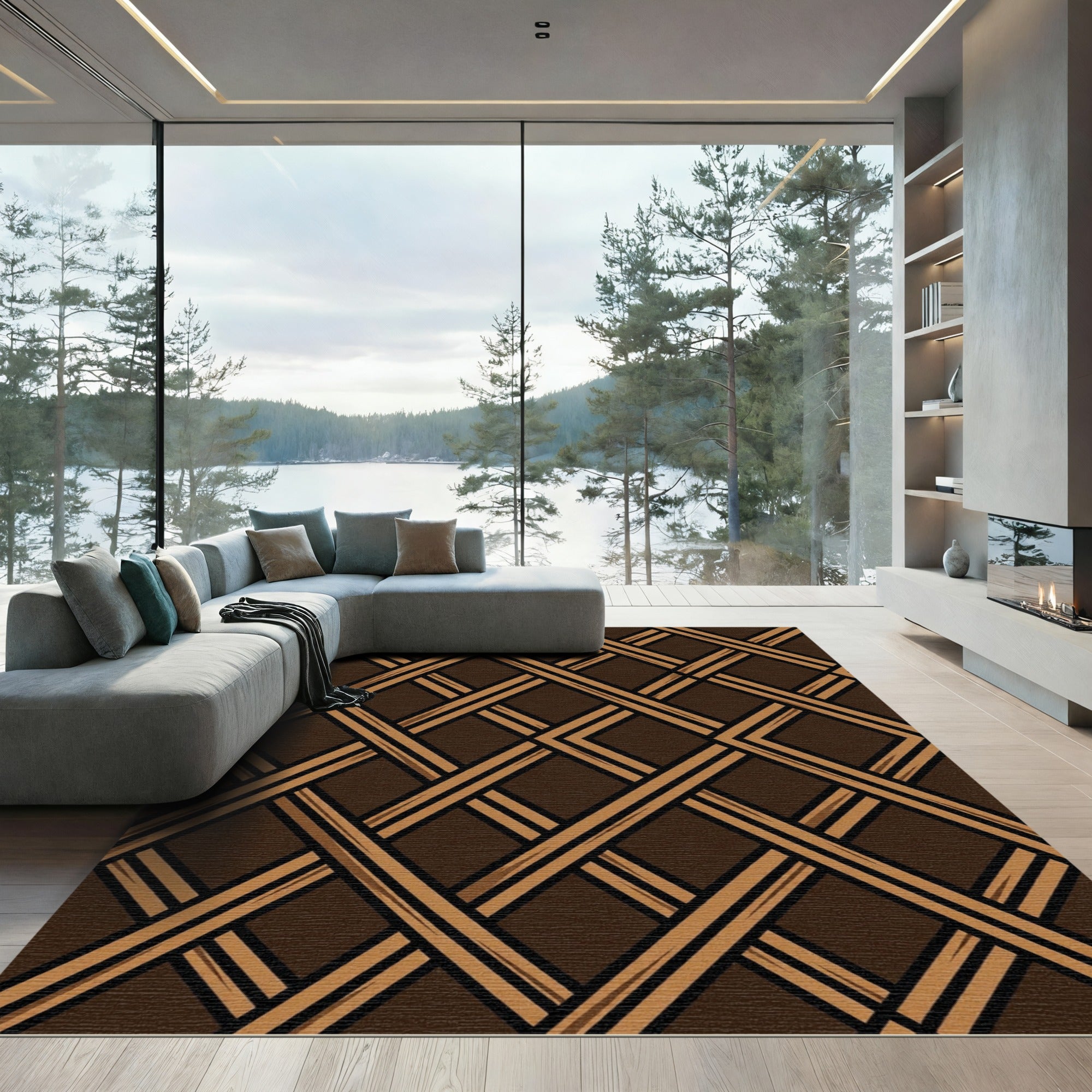 Textured Brown Intersecting Lattice Grid Rug