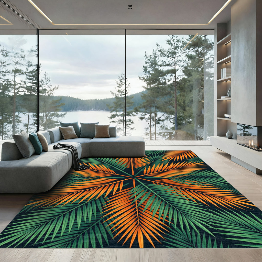 Vibrant Tropical Palm Leaf Sunburst Rug