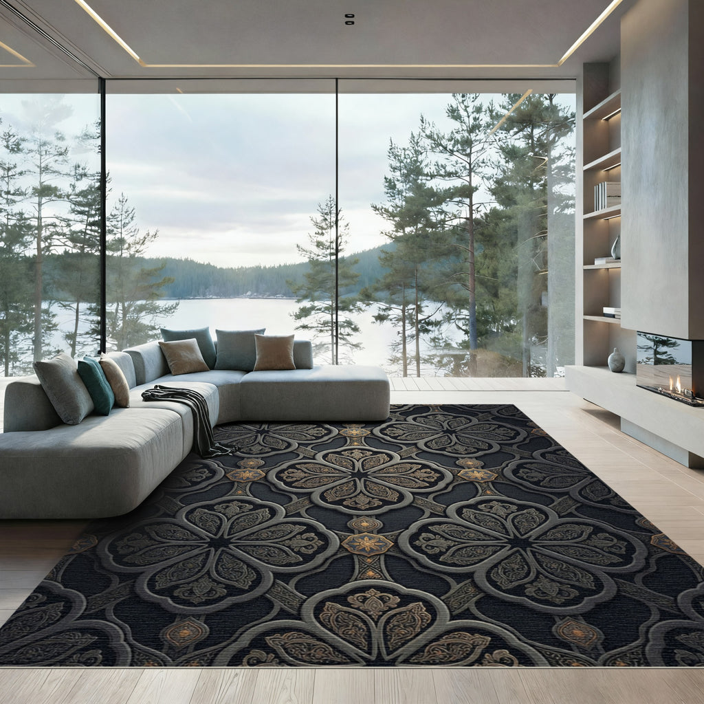Elegant Charcoal Floral Trellis Medallion Rug