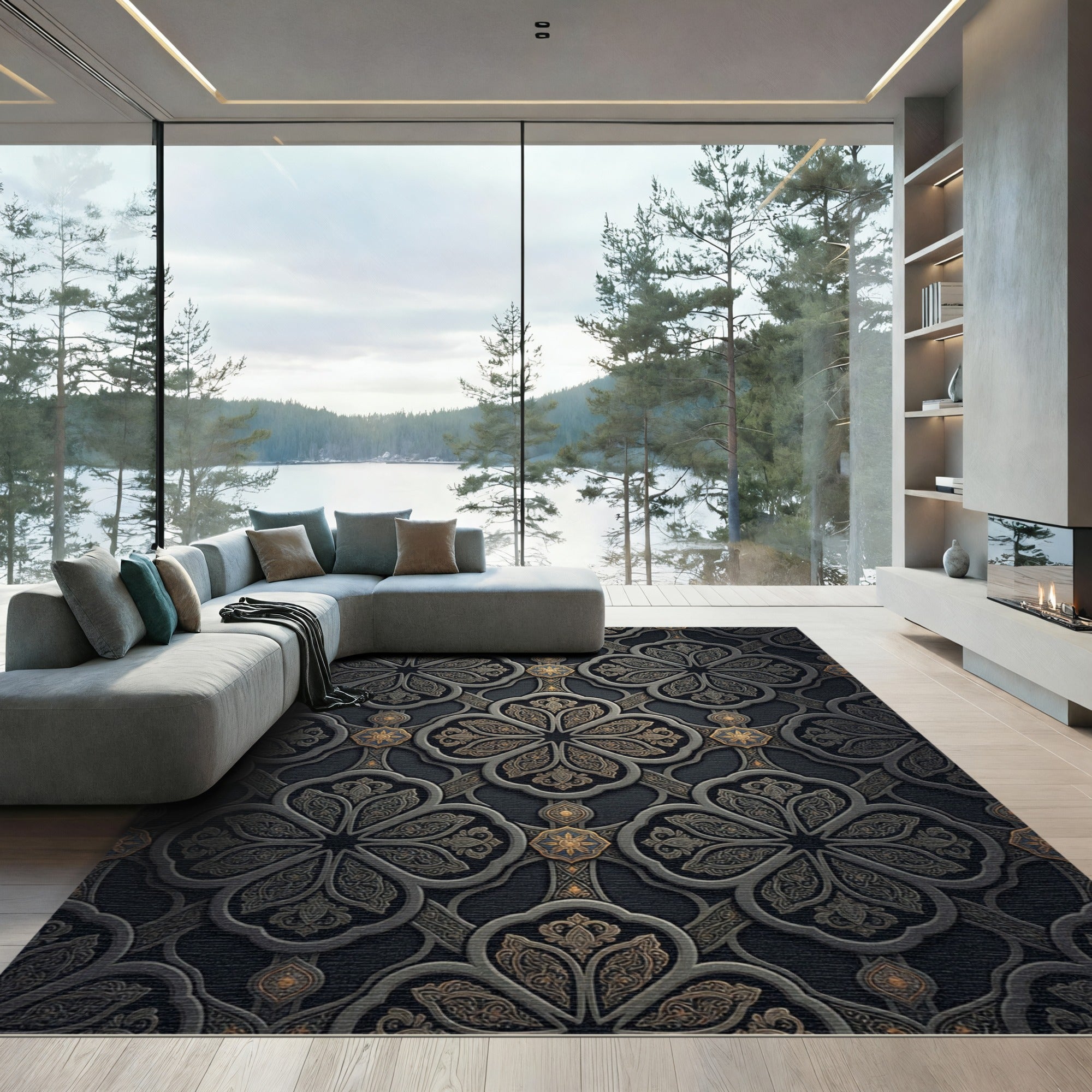 Elegant Charcoal Floral Trellis Medallion Rug