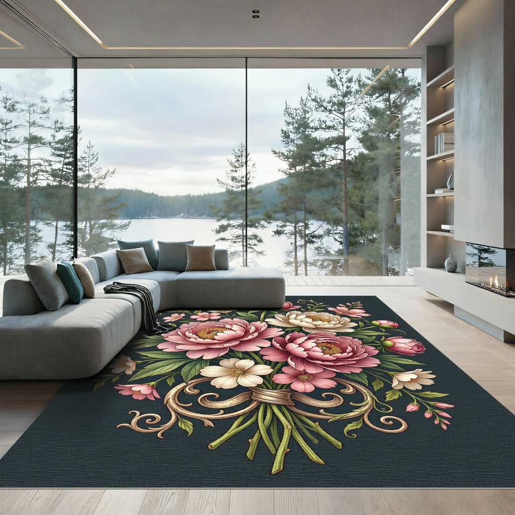 Elegant Pink Peony Floral Bouquet Rug