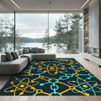 Teal and Golden Atomic Molecular Grid Rug