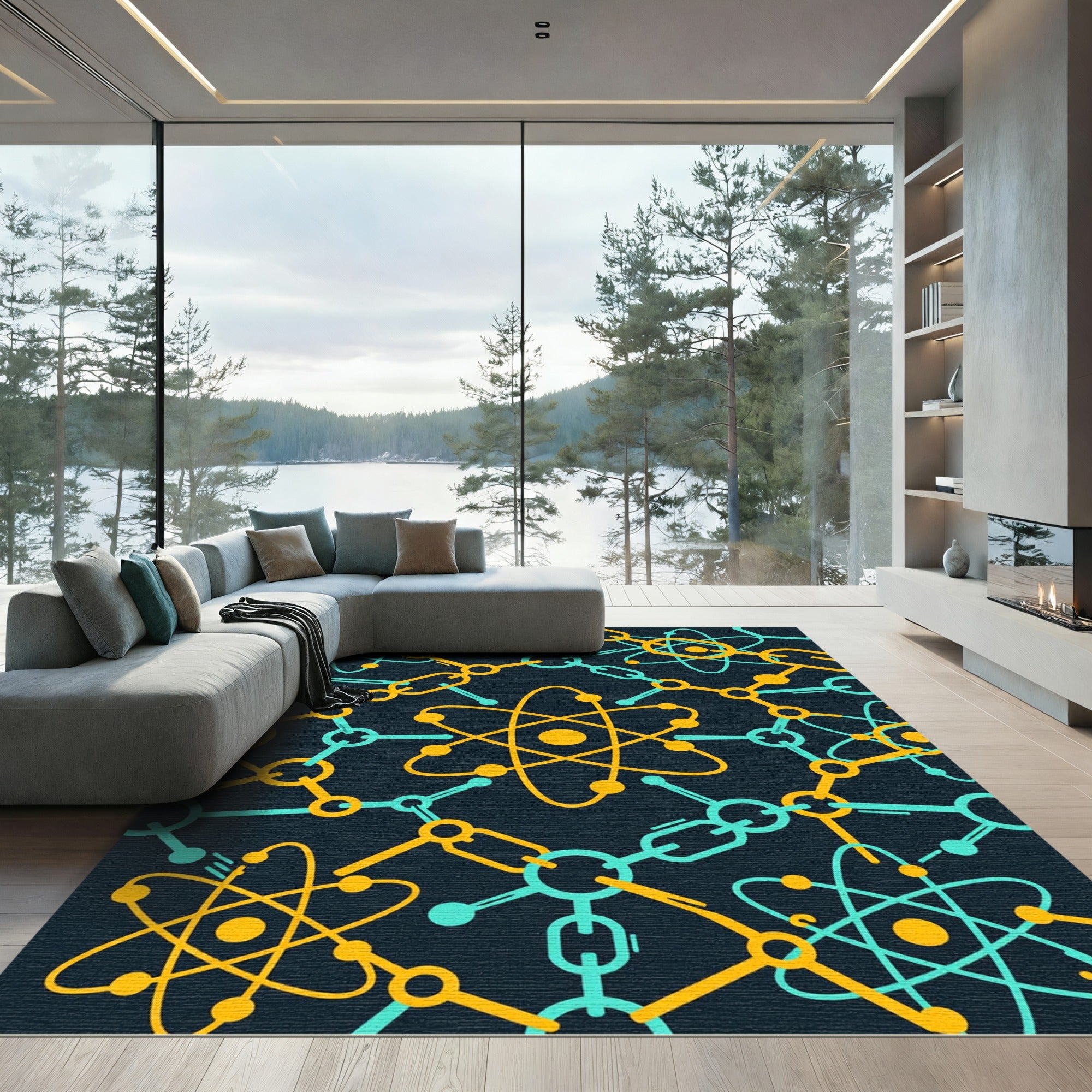 Teal and Golden Atomic Molecular Grid Rug