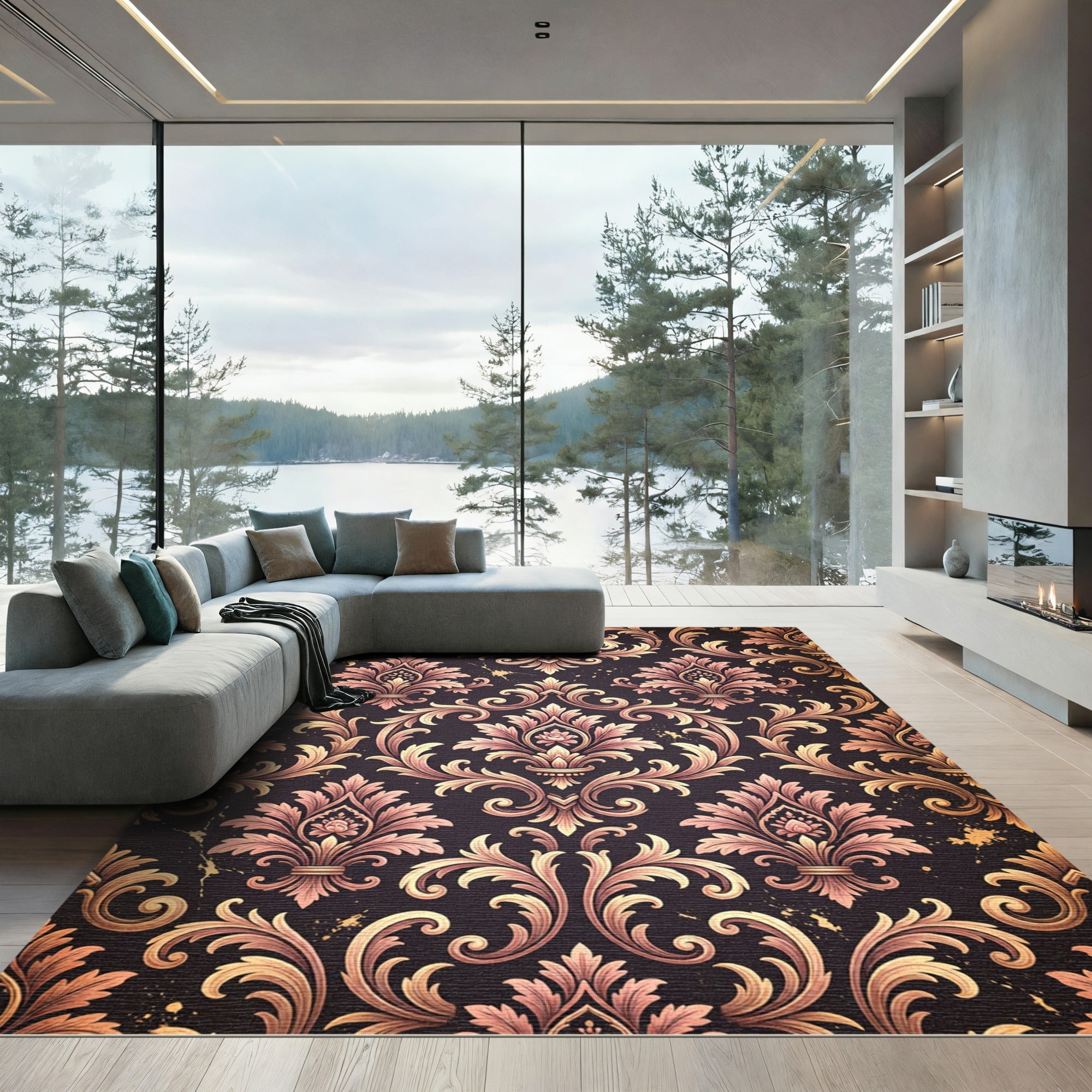 Ornate Rose Gold Acanthus Scroll Rug