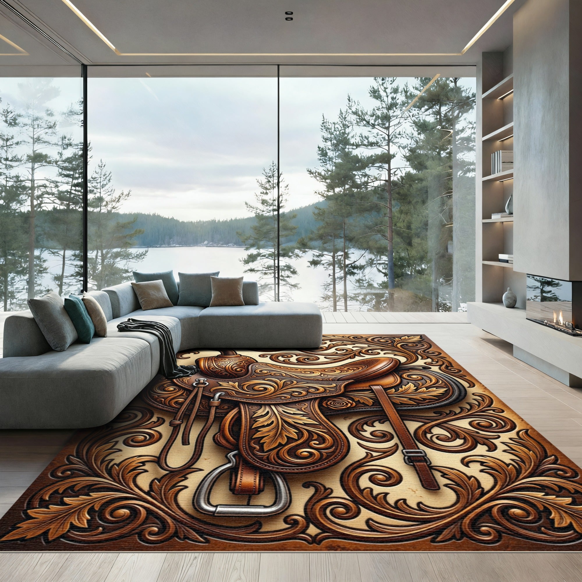 Western Brown Leather Floral Scroll Rug