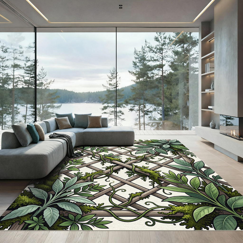 Lush Green Botanical Trellis Lattice Rug
