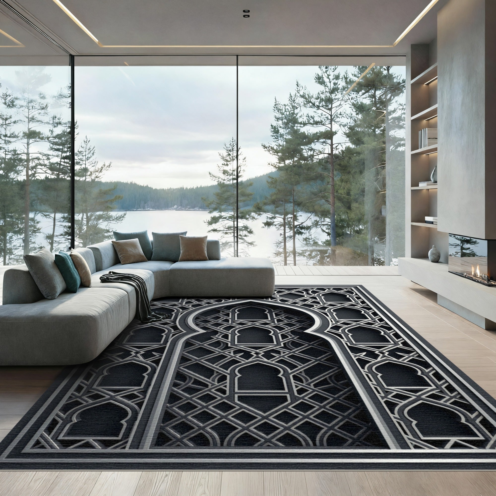 Sophisticated Silver Geometric Arch Lattice Rug