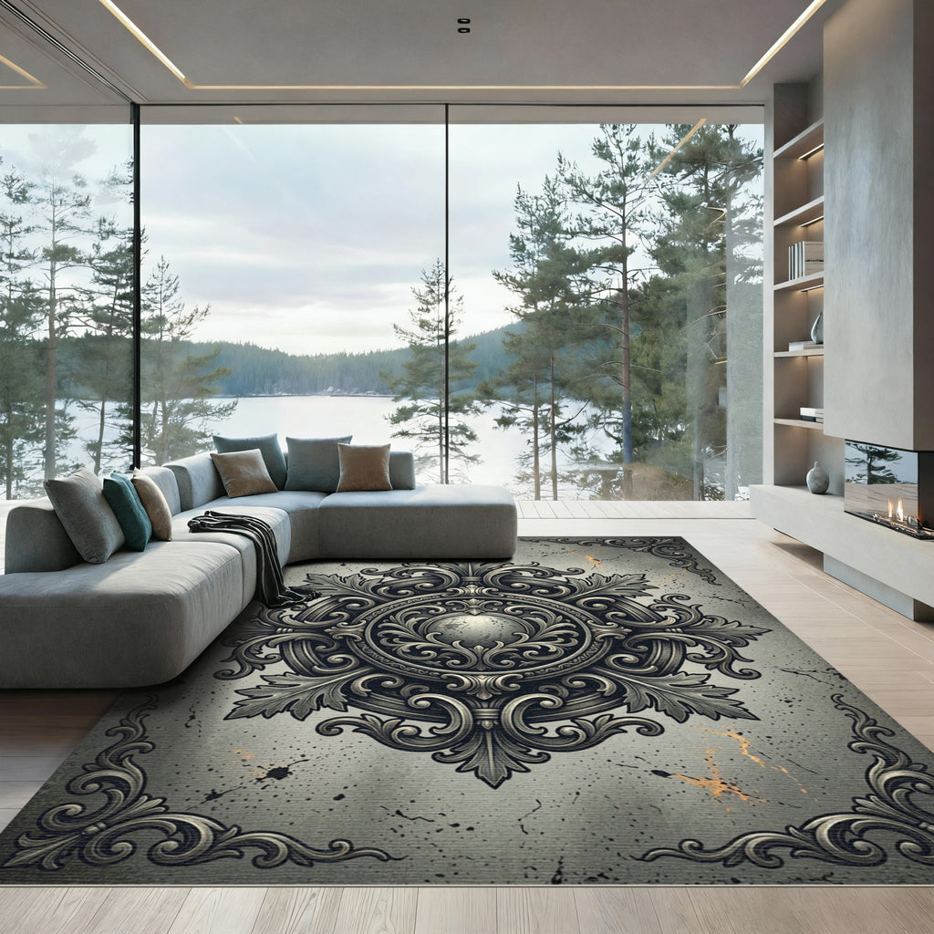 Ornate Charcoal Damask Filigree Medallion Rug