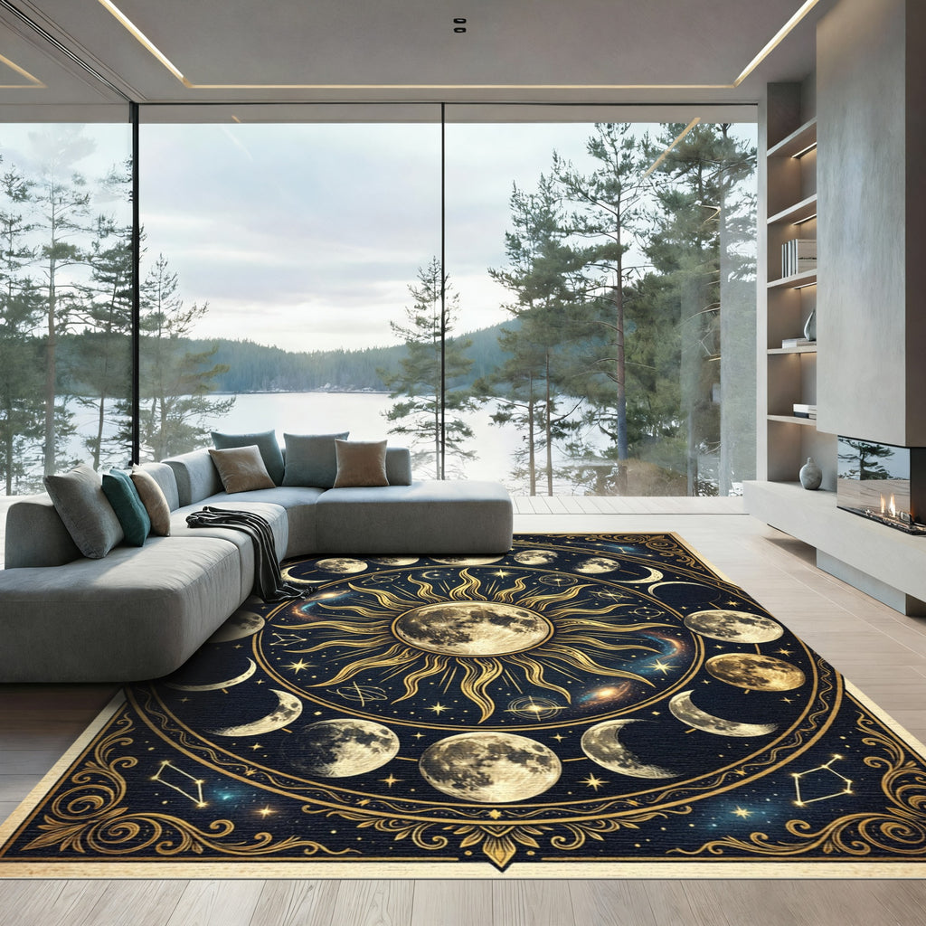 Celestial Gold Moon Phase Astronomy Art Rug