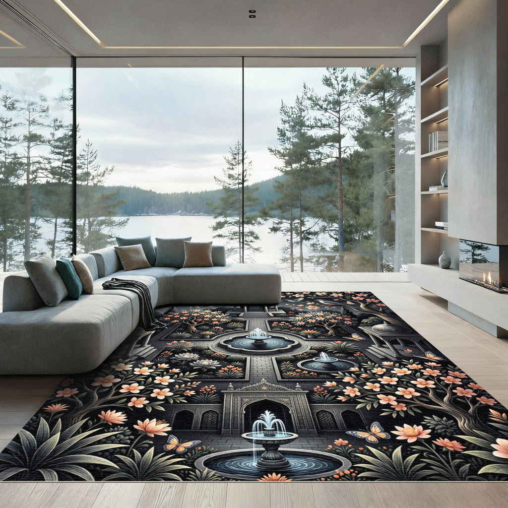 Midnight Floral Garden Butterfly Fountain Rug