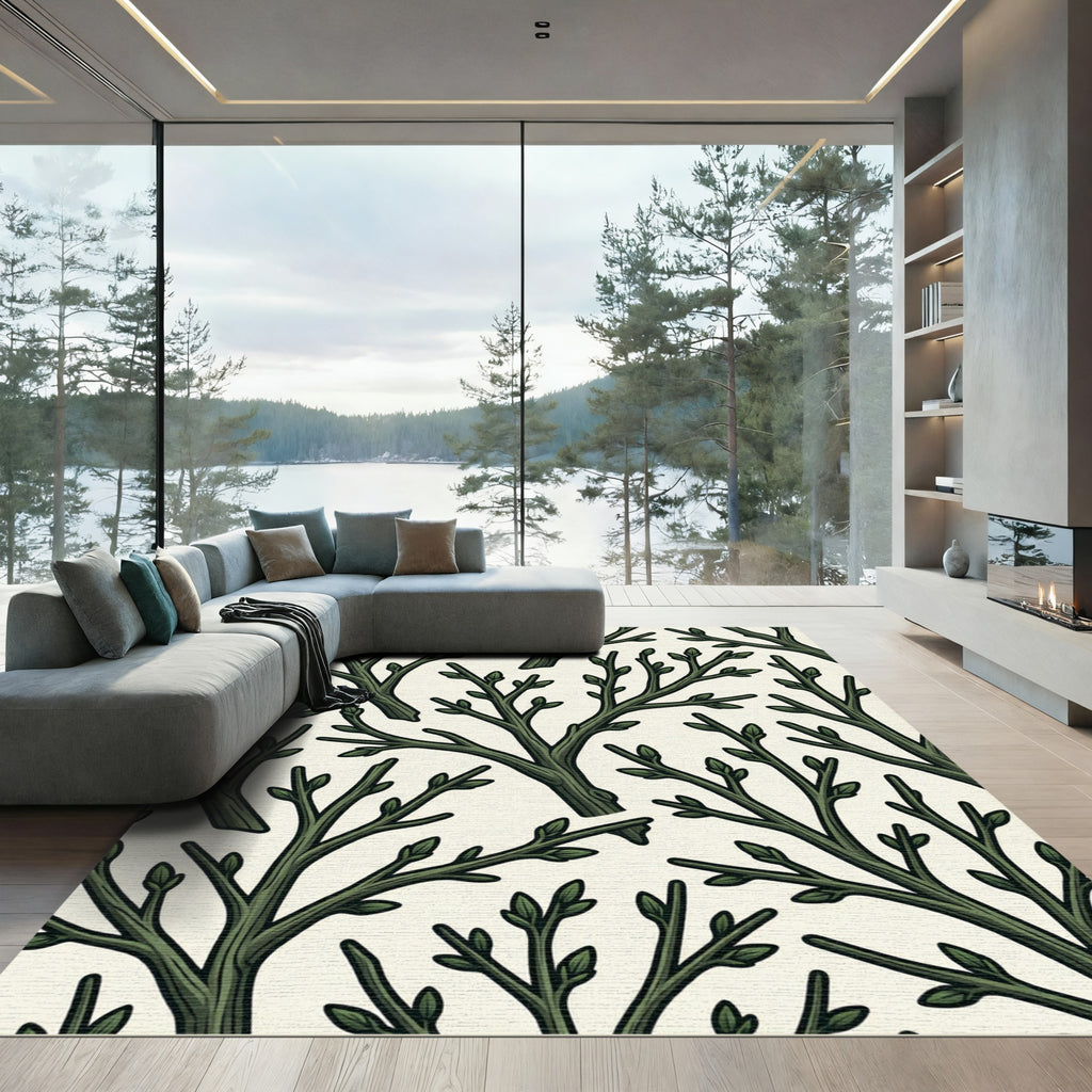 Dark Green Branch Natural Silhouette Rug