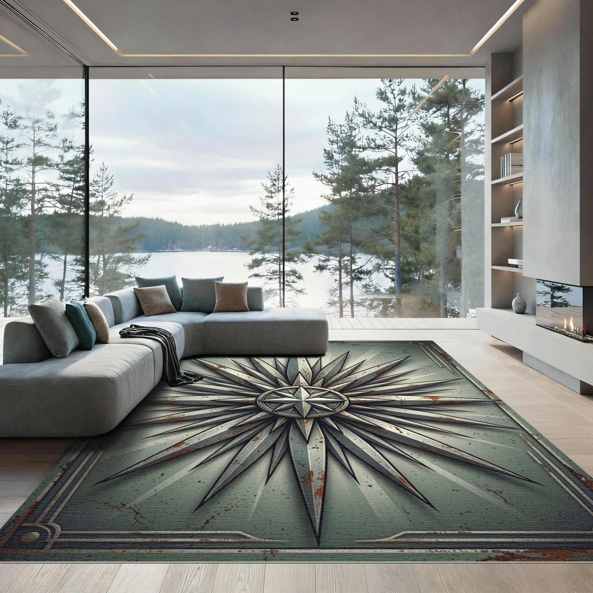 Distressed Silver Sunburst Star Rug
