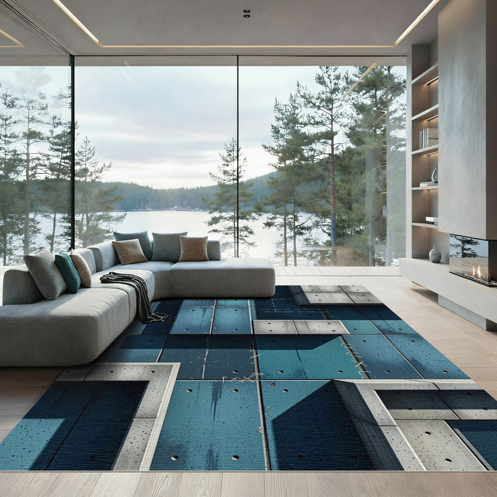 Urban Teal Concrete Grid Rug