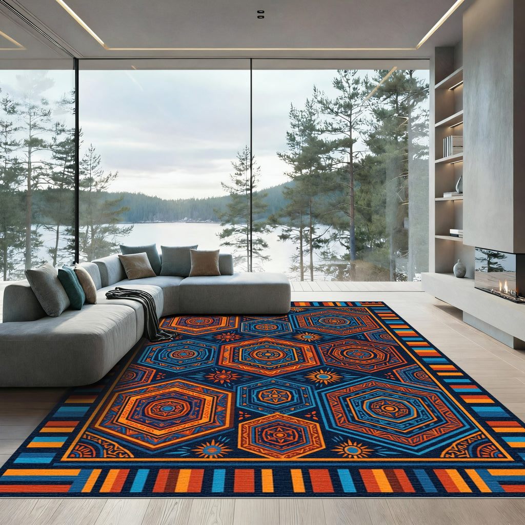 Vibrant Orange and Blue Hexagon Geometric Rug