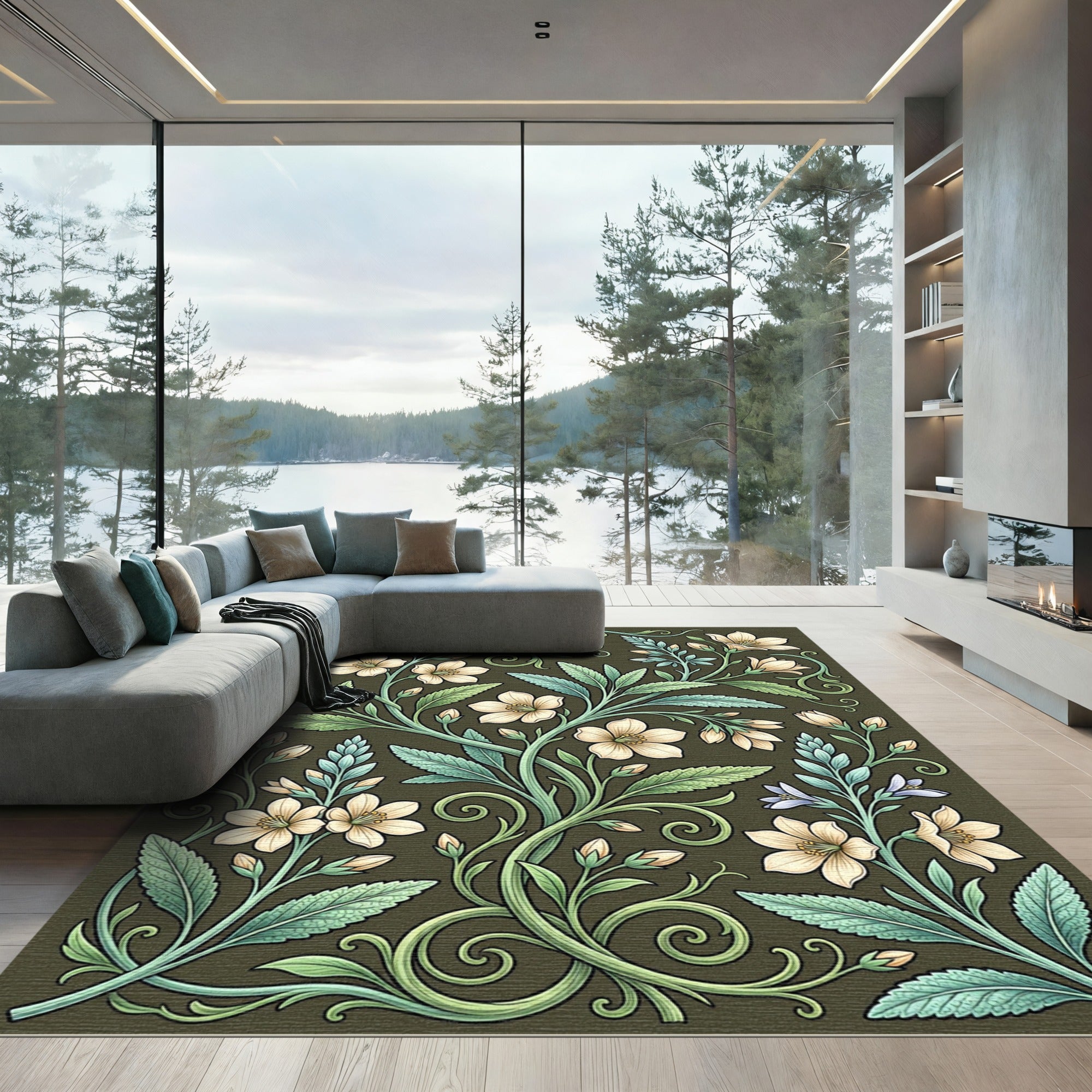 Cream Blossom Vine Scroll Rug
