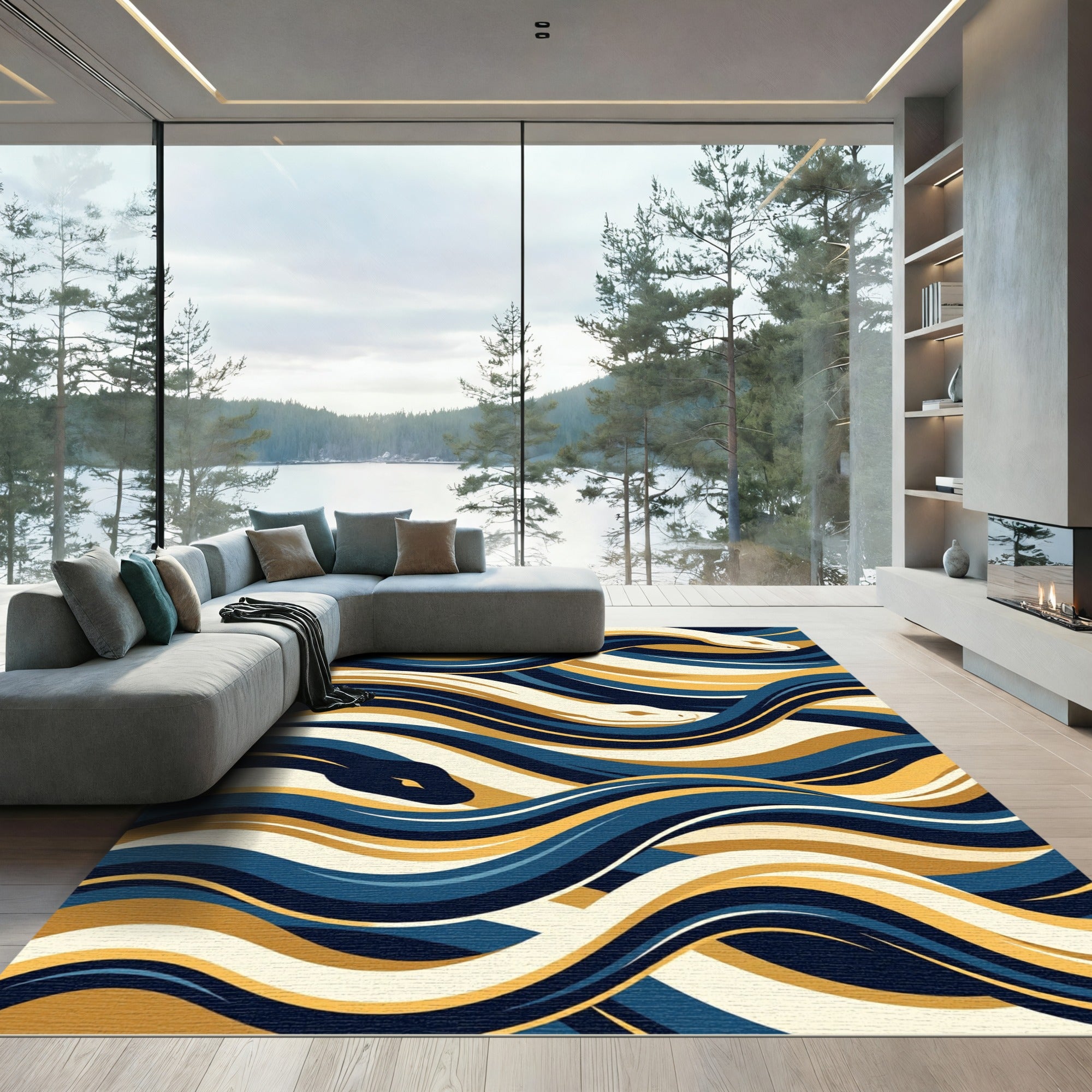 Wavy Serpent Abstract Blue Gold Rug