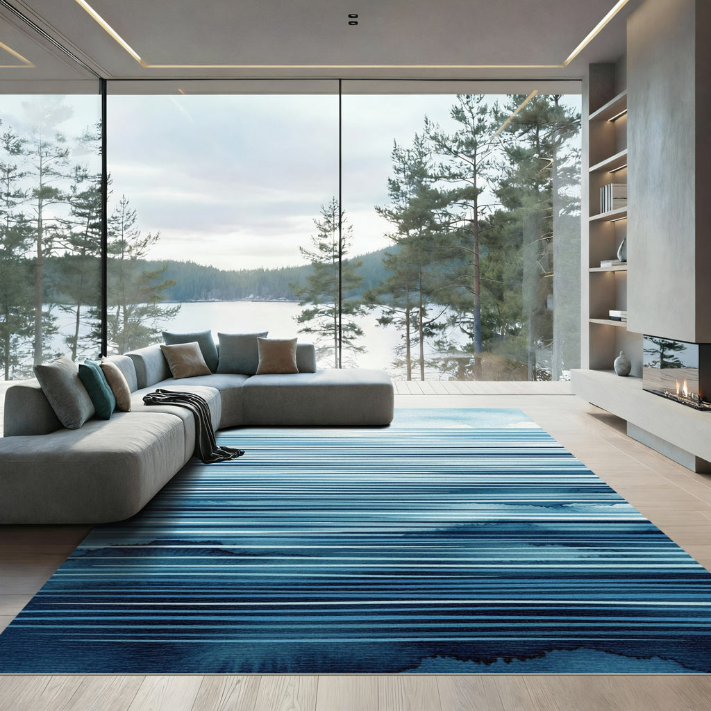 Abstract Blue Ocean Horizon Stripe Rug