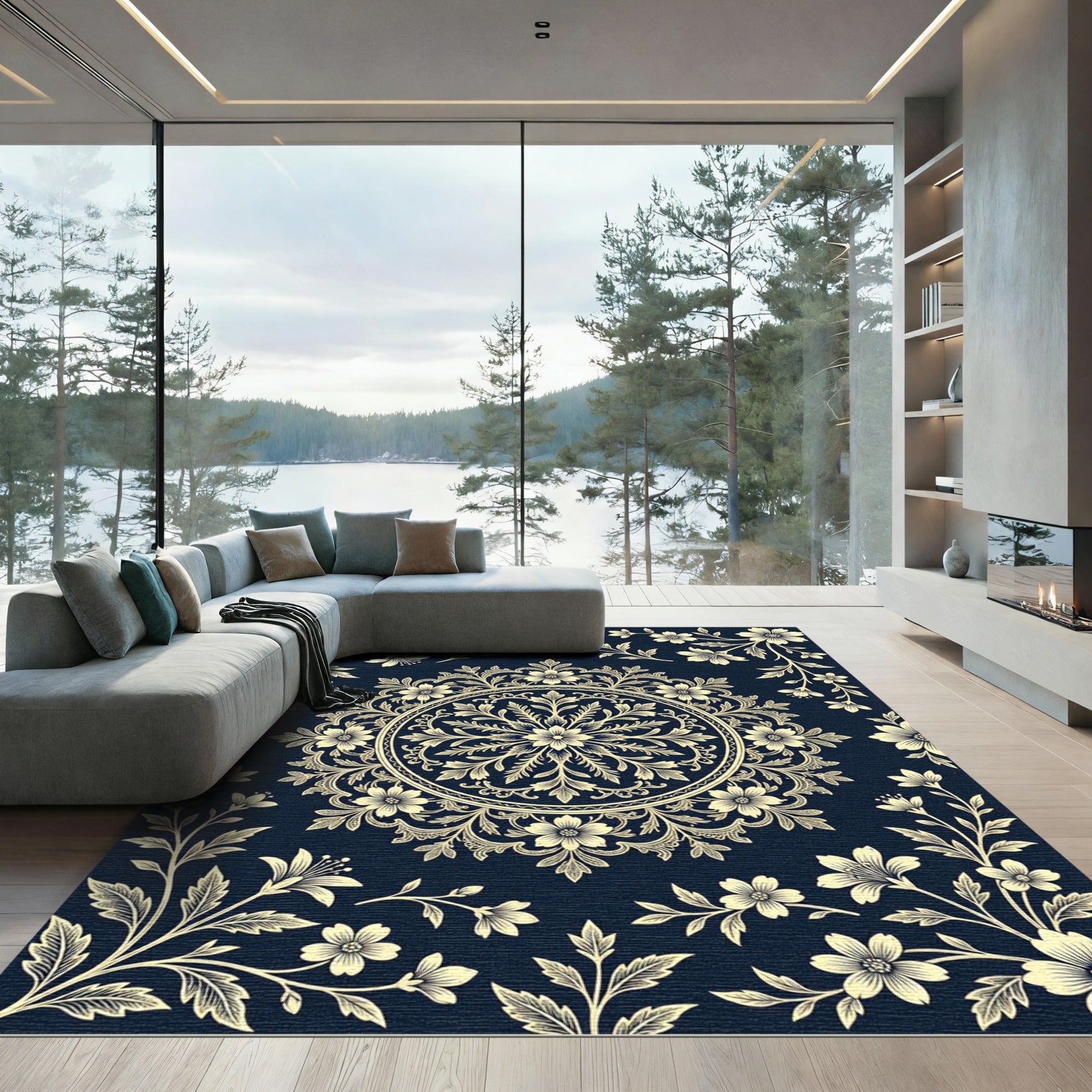 Navy Blue Cream Floral Damask Medallion Rug